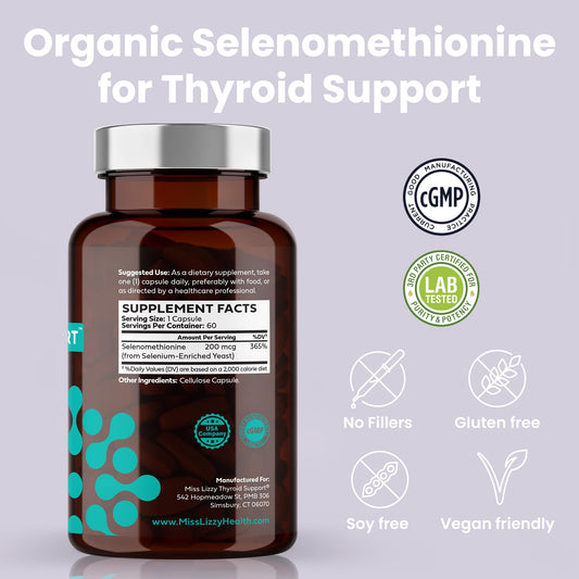Close-up of ThyroConvert bottle and ingredient highlights: organic Selenomethionine