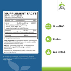 Label highlighting iodine, L-tyrosine, and selenium ingredients
