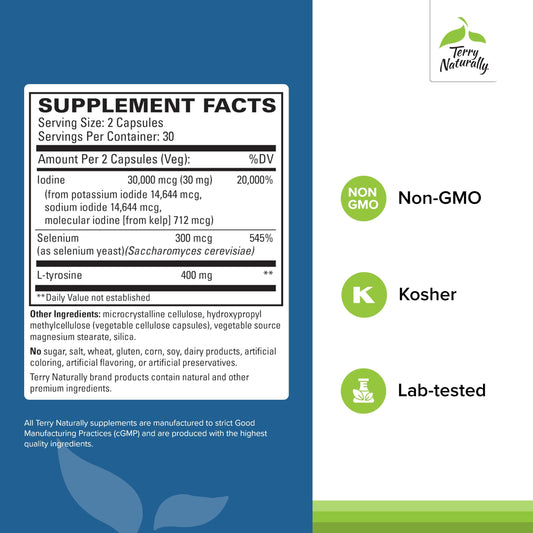Label highlighting L-Tyrosine and Selenium for thyroid support