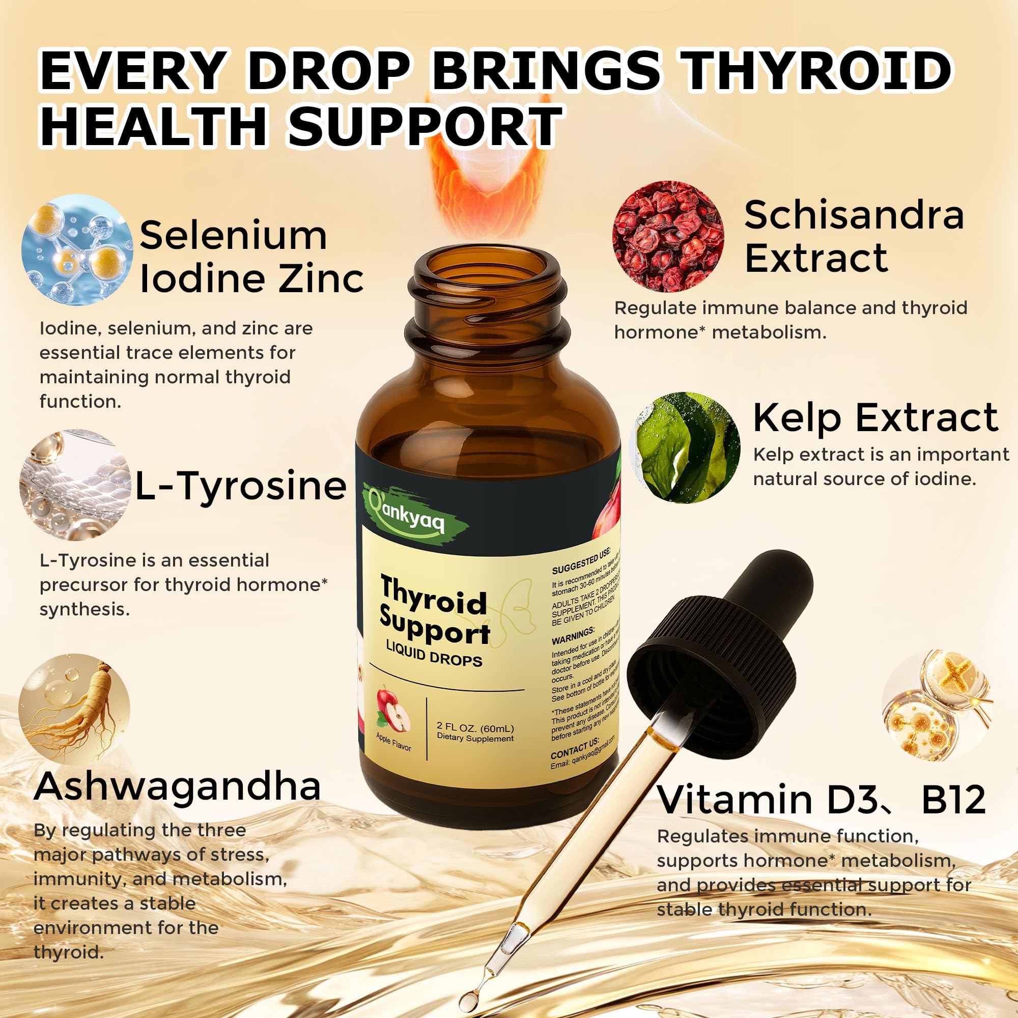 Close-up of thyroid support liquid bottle with label and ingredients