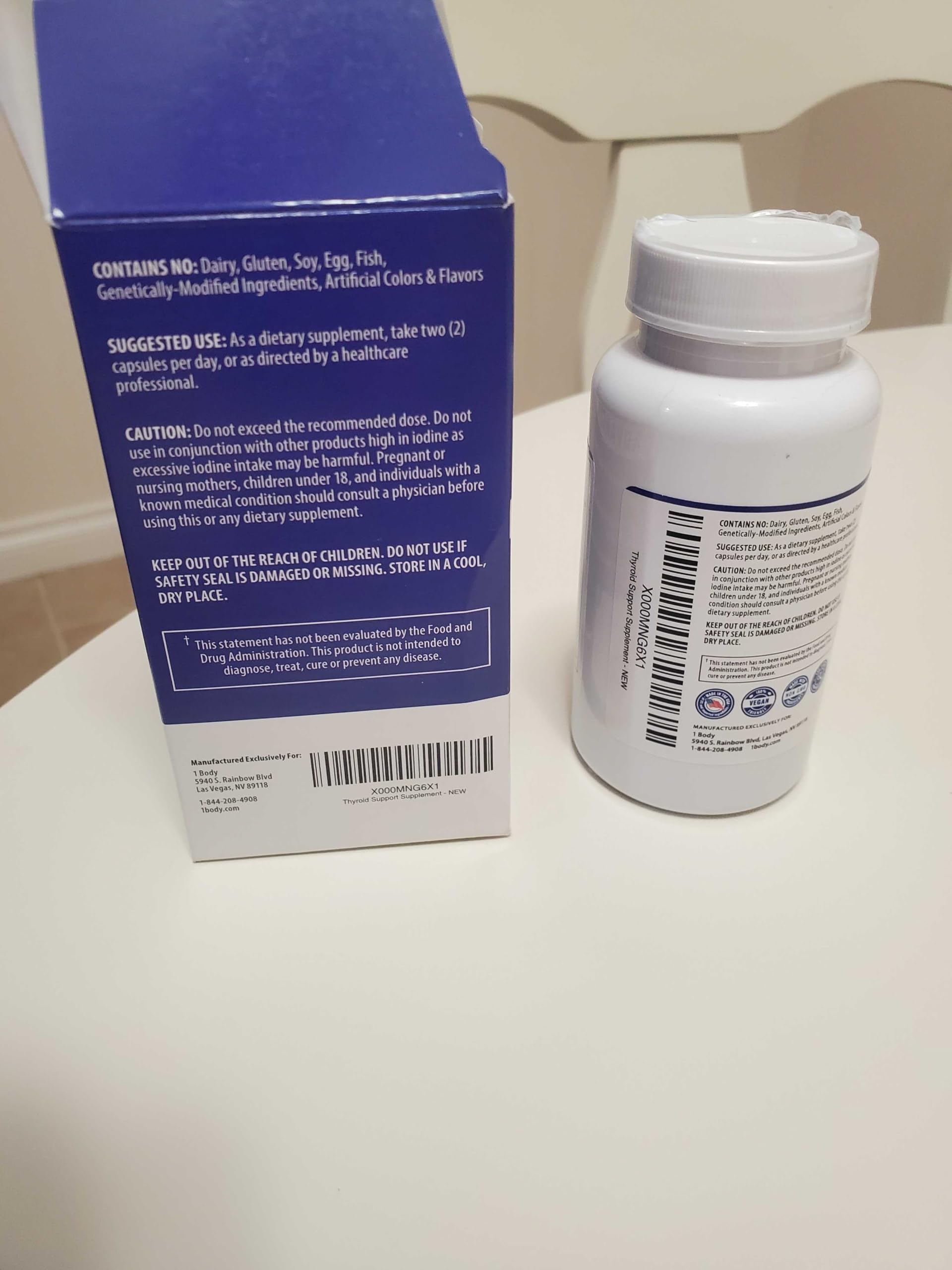 Non GMO vegetarian thyroid support supplement label indicating vegetarian formula