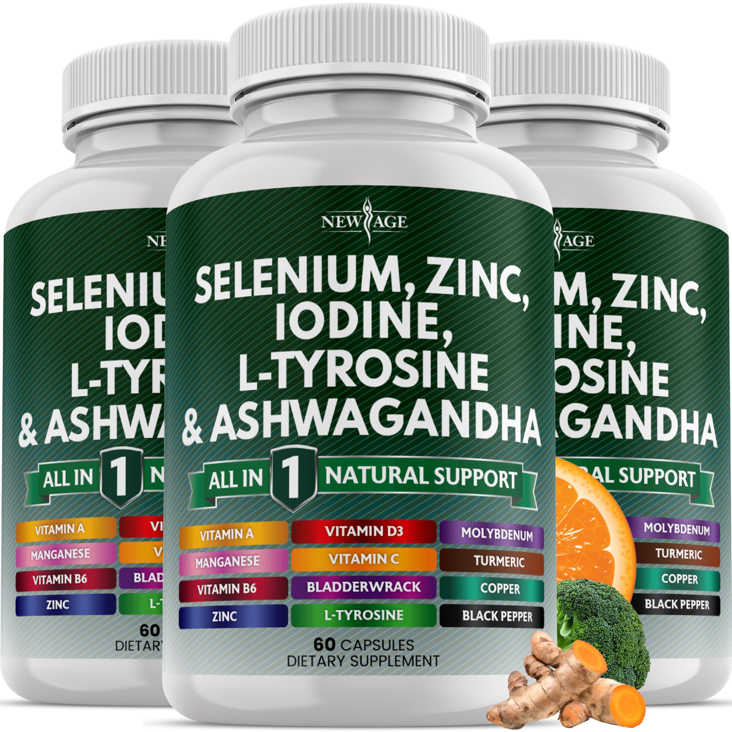 Label on thyroid support bottle highlighting selenium and zinc