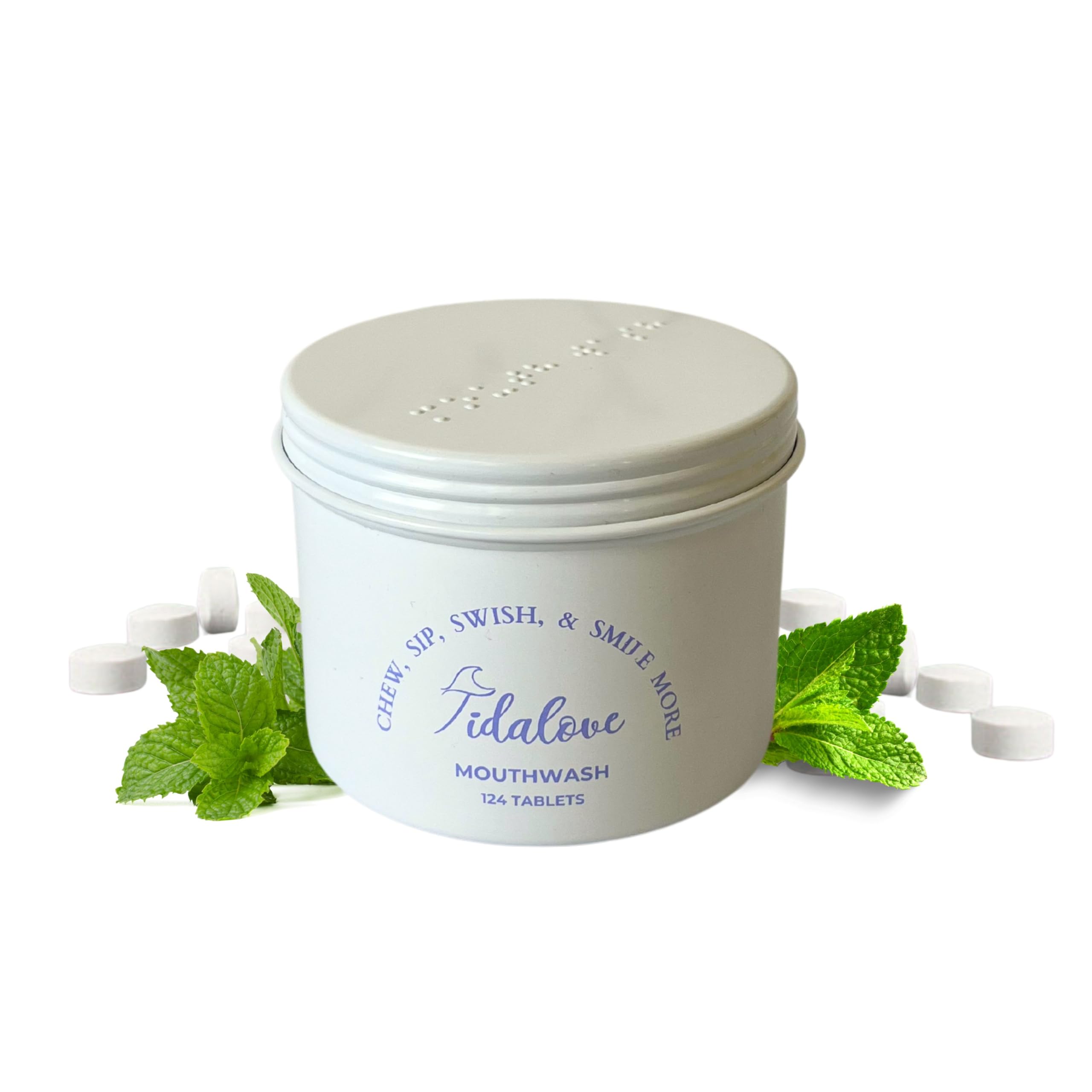Front view of Tidalove mouthwash tablets tin