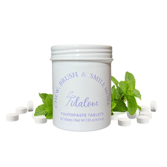 Tidalove 62-count toothpaste tablets in a plastic-free tin (Cool Mint)
