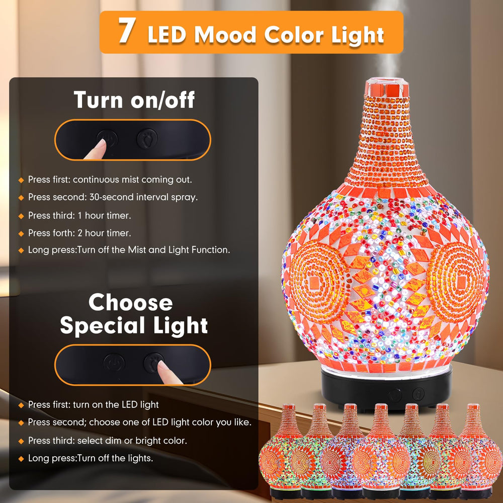 Diffuser showing 7-color LED lights in Tiffany-style diffuser