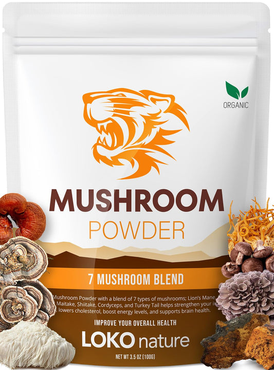 Front view of Tiger 7 Mushroom Powder Extract bottle