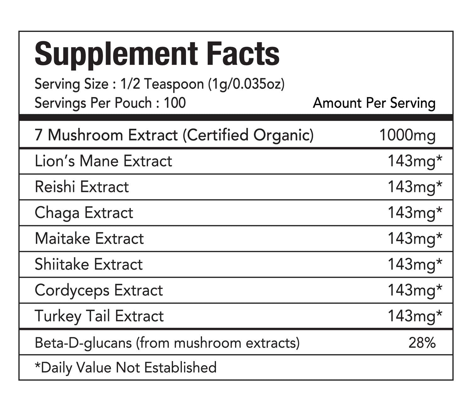 Packaging of Tiger 7 Mushroom Powder Extract, 3.5oz (100g)