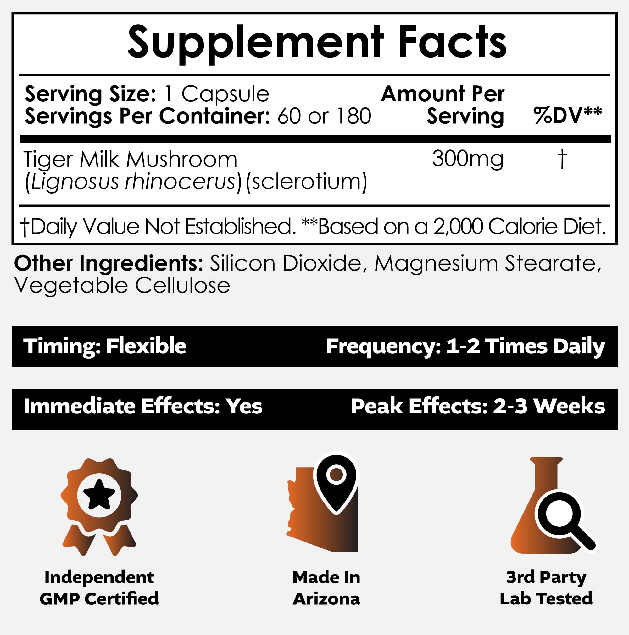 Supplement facts panel for Tiger Milk Mushroom capsules