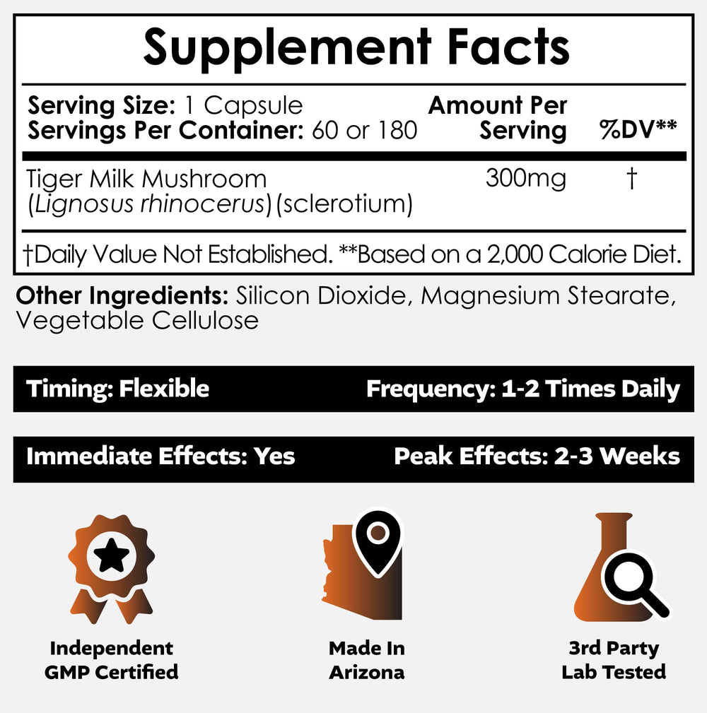 Supplement facts panel for Tiger Milk Mushroom capsules