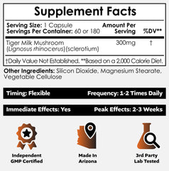 Supplement facts panel for Tiger Milk Mushroom capsules