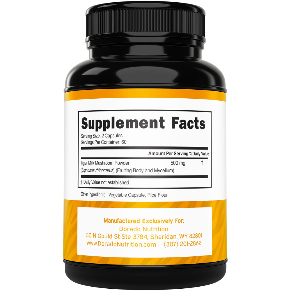 Close-up of Tiger Milk Mushroom capsules for immune and lung support