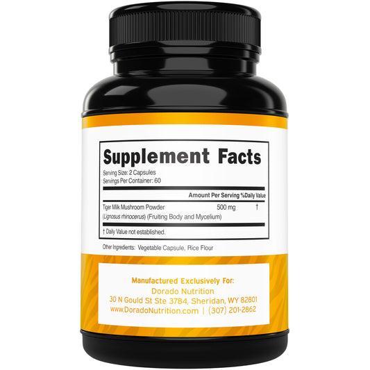 Close-up of Tiger Milk Mushroom capsules for immune and lung support