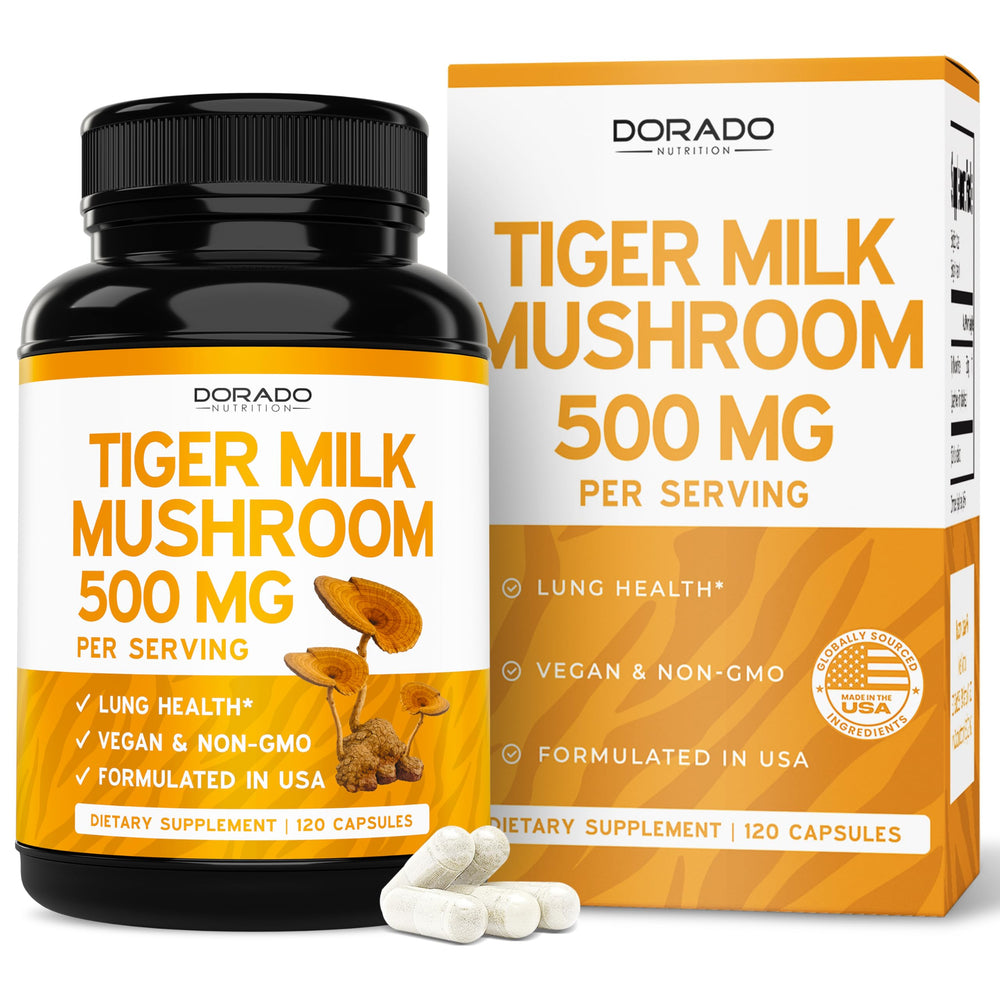 Tiger Milk Mushroom supplement bottle showing 120 capsules at 500 mg per serving