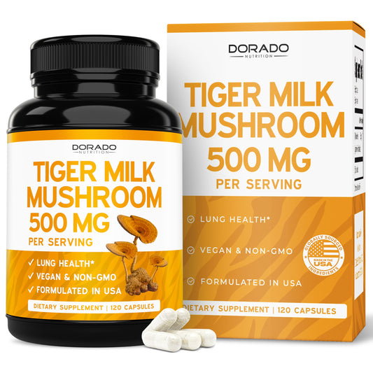 Tiger Milk Mushroom supplement bottle showing 120 capsules at 500 mg per serving