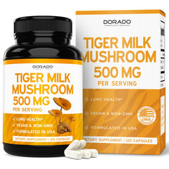 Tiger Milk Mushroom supplement bottle showing 120 capsules at 500 mg per serving
