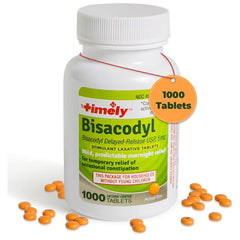 TIME-CAP LABS Timely bisacodyl bottle front suggests easy nightly relief for adults.