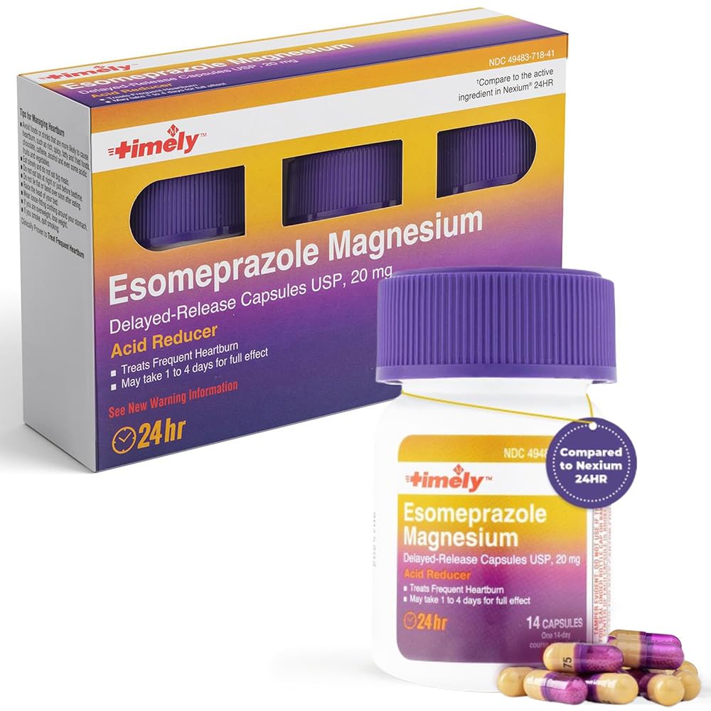 TIME-CAP LABS Timely Esomeprazole 20mg bottle front for all-day heartburn support.
