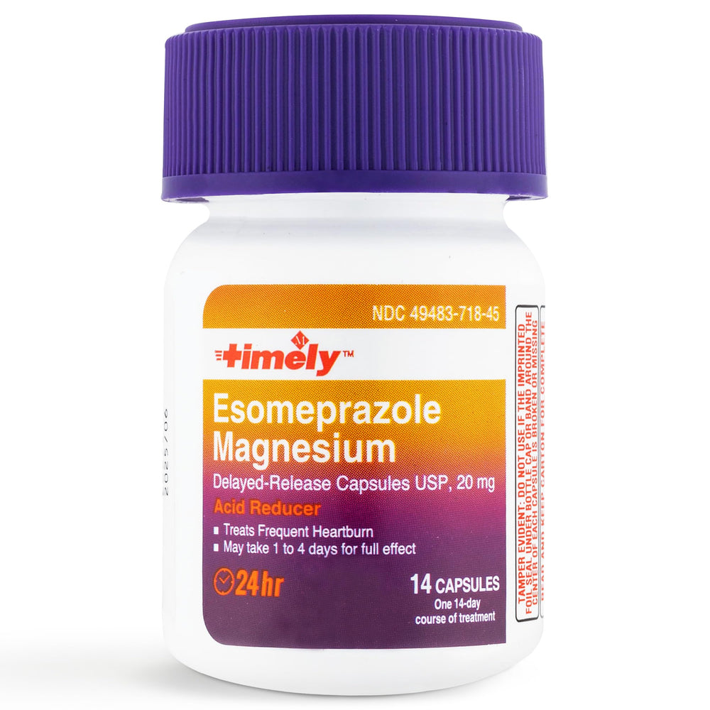 TIME-CAP LABS Timely Esomeprazole 20mg bottle with glass for daily routine.