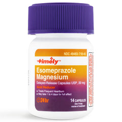 TIME-CAP LABS Timely Esomeprazole 20mg bottle with glass for daily routine.