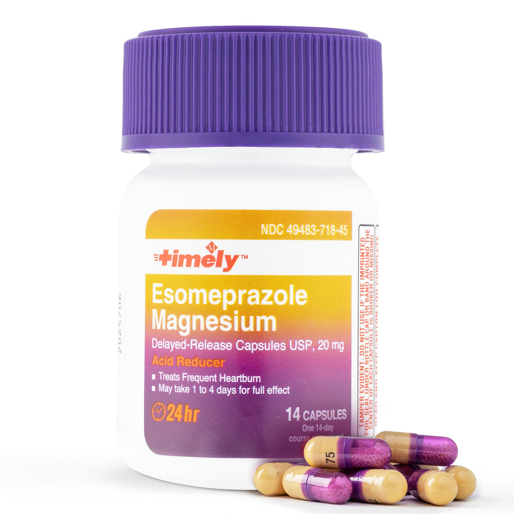 TIME-CAP LABS Timely Esomeprazole 20mg daily-use icon indicating one capsule per day.
