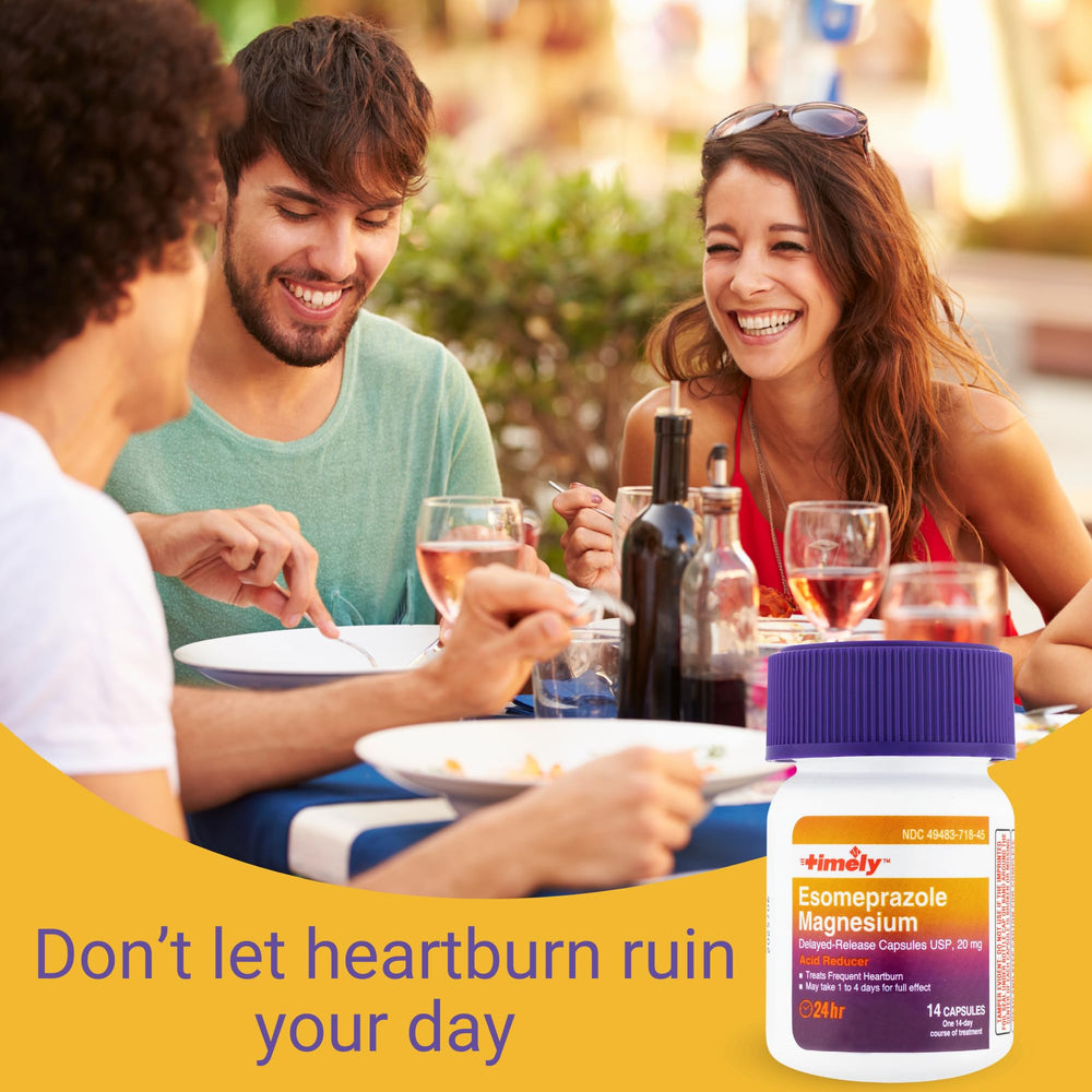 TIME-CAP LABS Timely Esomeprazole 20mg label detail showing delayed-release feature.