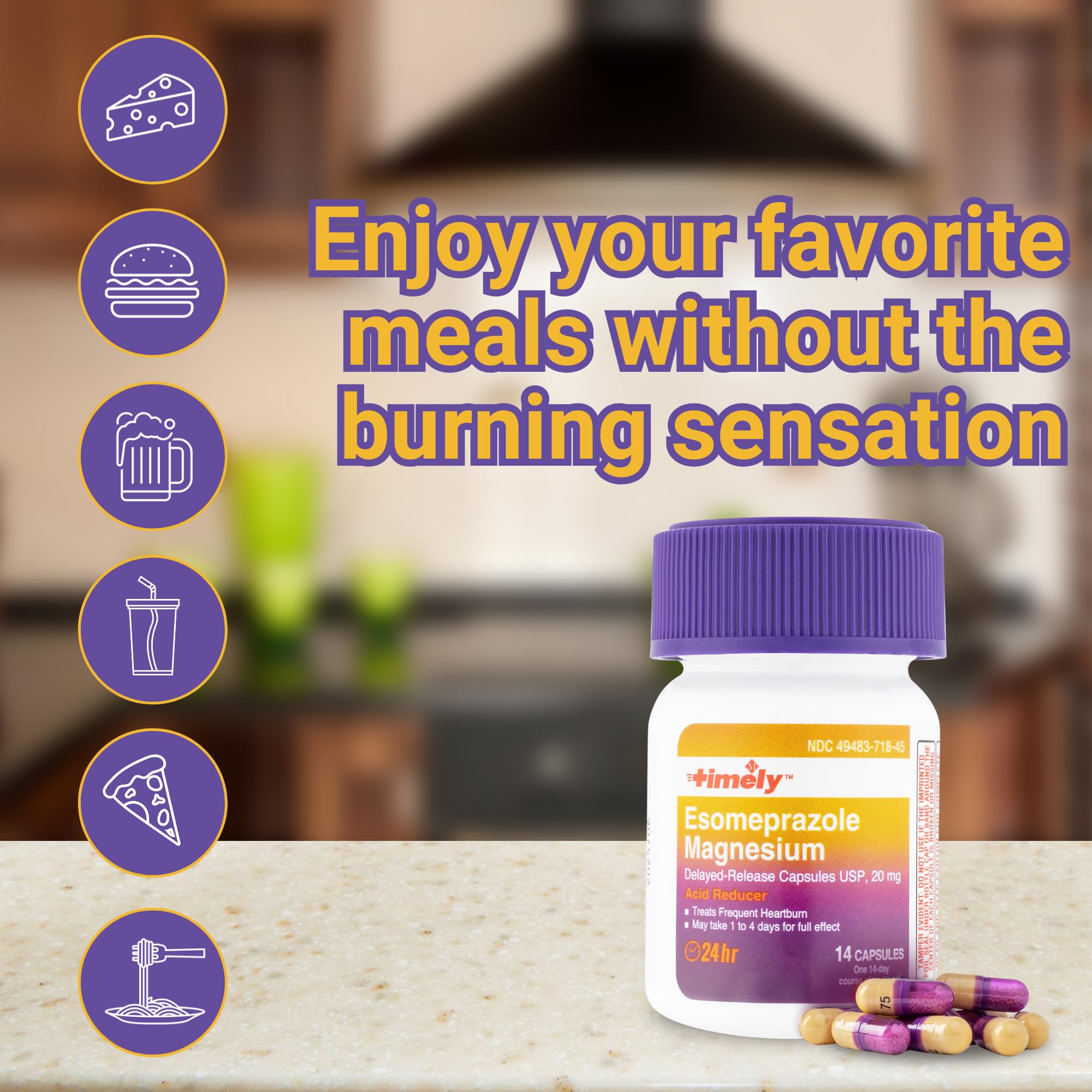 TIME-CAP LABS Timely Esomeprazole 20mg packaging box with dosage information.