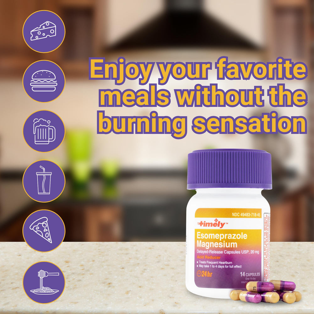 TIME-CAP LABS Timely Esomeprazole 20mg packaging box with dosage information.