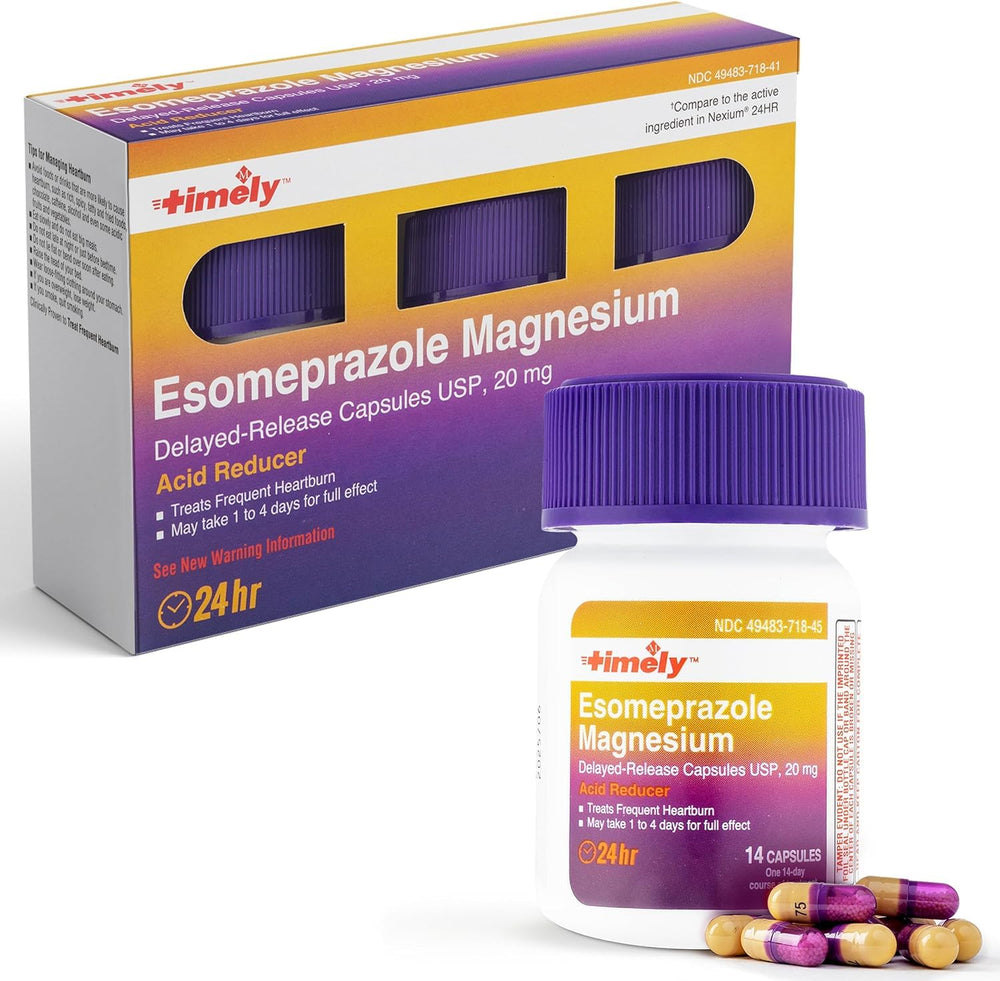 TIME-CAP LABS Timely Esomeprazole 20mg packaging insert highlighting value.