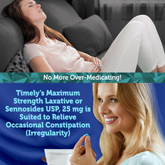 TIME-CAP LABS Timely Max Laxatives dosage panel highlights 25mg per tablet