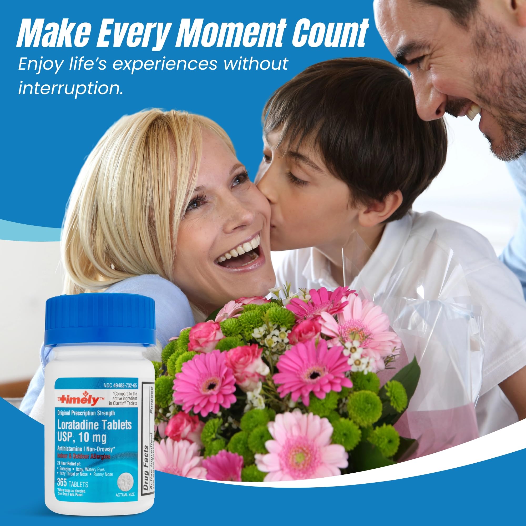 TIME-CAP LABS Loratadine daily-use routine with one tablet.