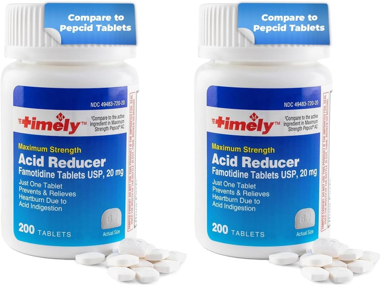 Timely Acid Reducer bottle front with two-pack layout for heartburn relief options.