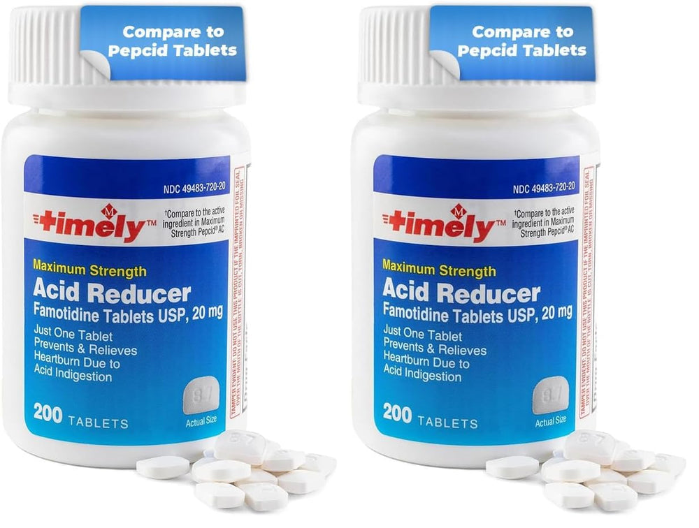 Timely Acid Reducer bottle front with two-pack layout for heartburn relief options.