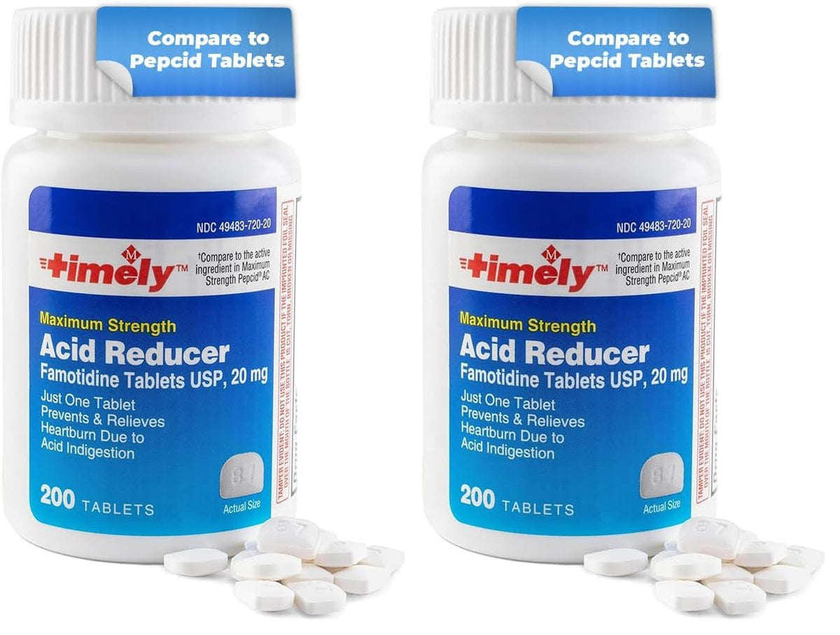 Timely Acid Reducer bottle front with two-pack layout for heartburn relief options.
