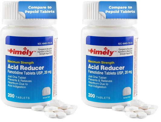 Timely Acid Reducer bottle front with two-pack layout for heartburn relief options.