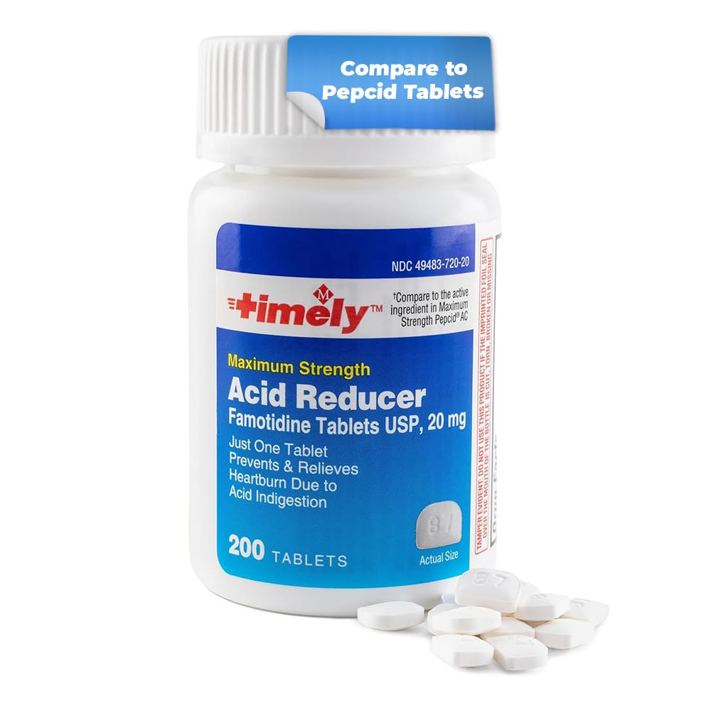 Timely Acid Reducer bottle-counter demonstrating convenient heartburn relief for meals.