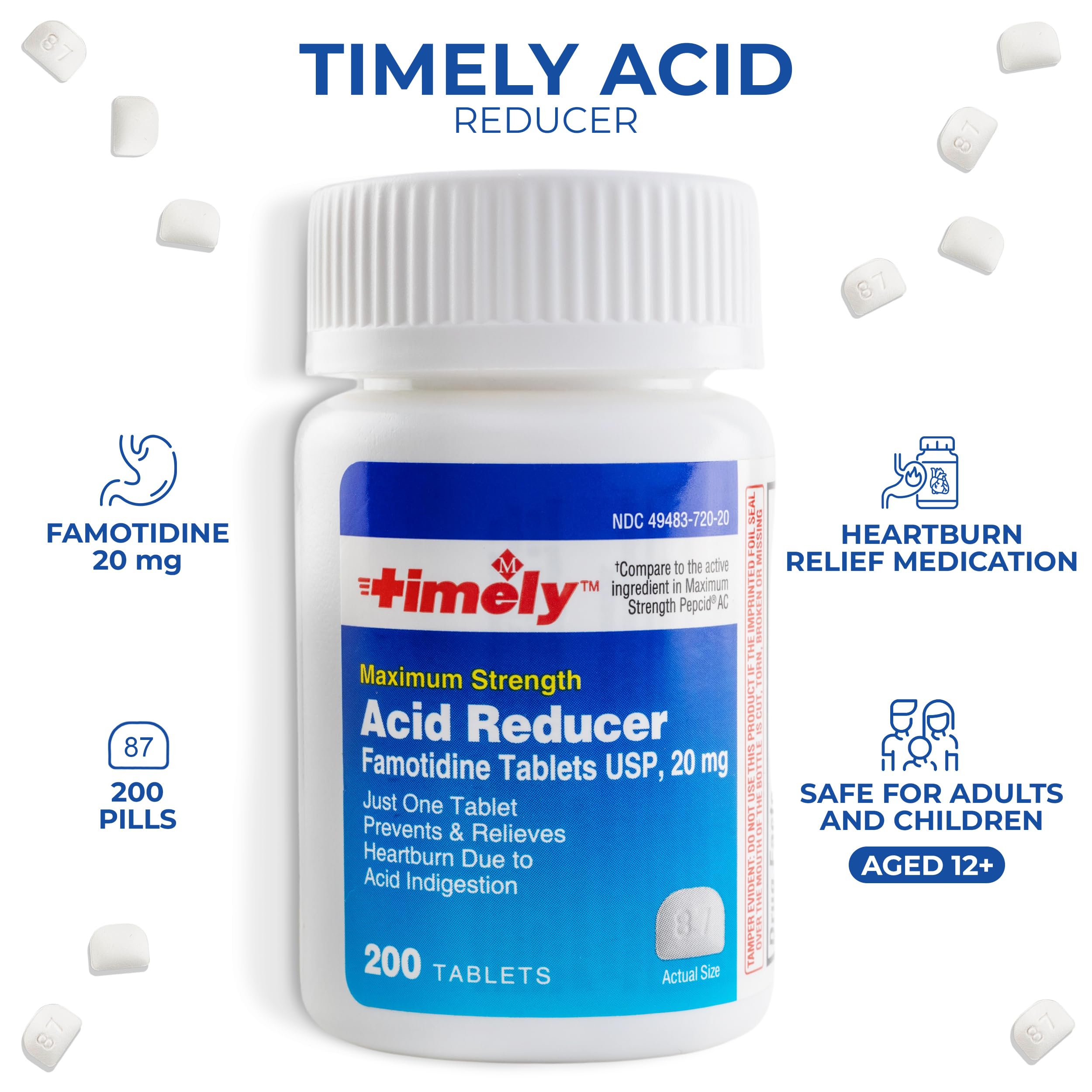 Timely Acid Reducer packaging back with per-pack dosing information.