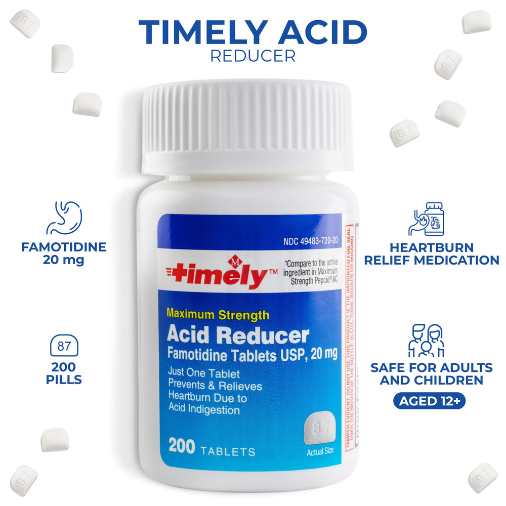 Timely Acid Reducer packaging back with per-pack dosing information.