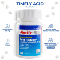 Timely Acid Reducer packaging back with per-pack dosing information.