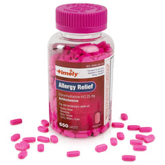 Timely Allergy Relief caplets bottle closeup for adults, ideal for runny nose relief.