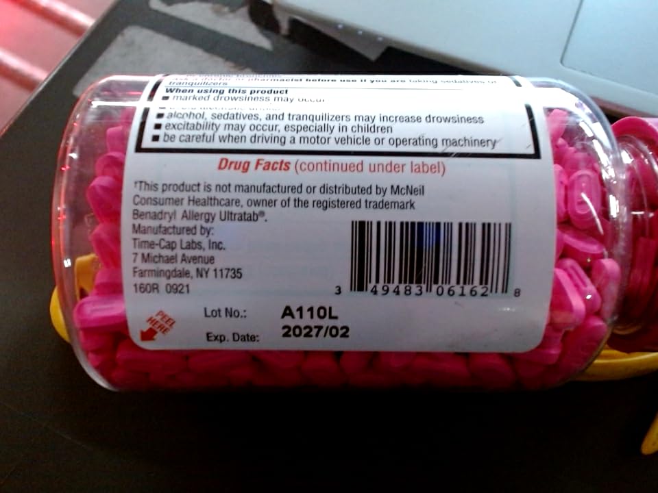 Timely Allergy Relief caplets dosage illustration highlights 25 mg per caplet usage.