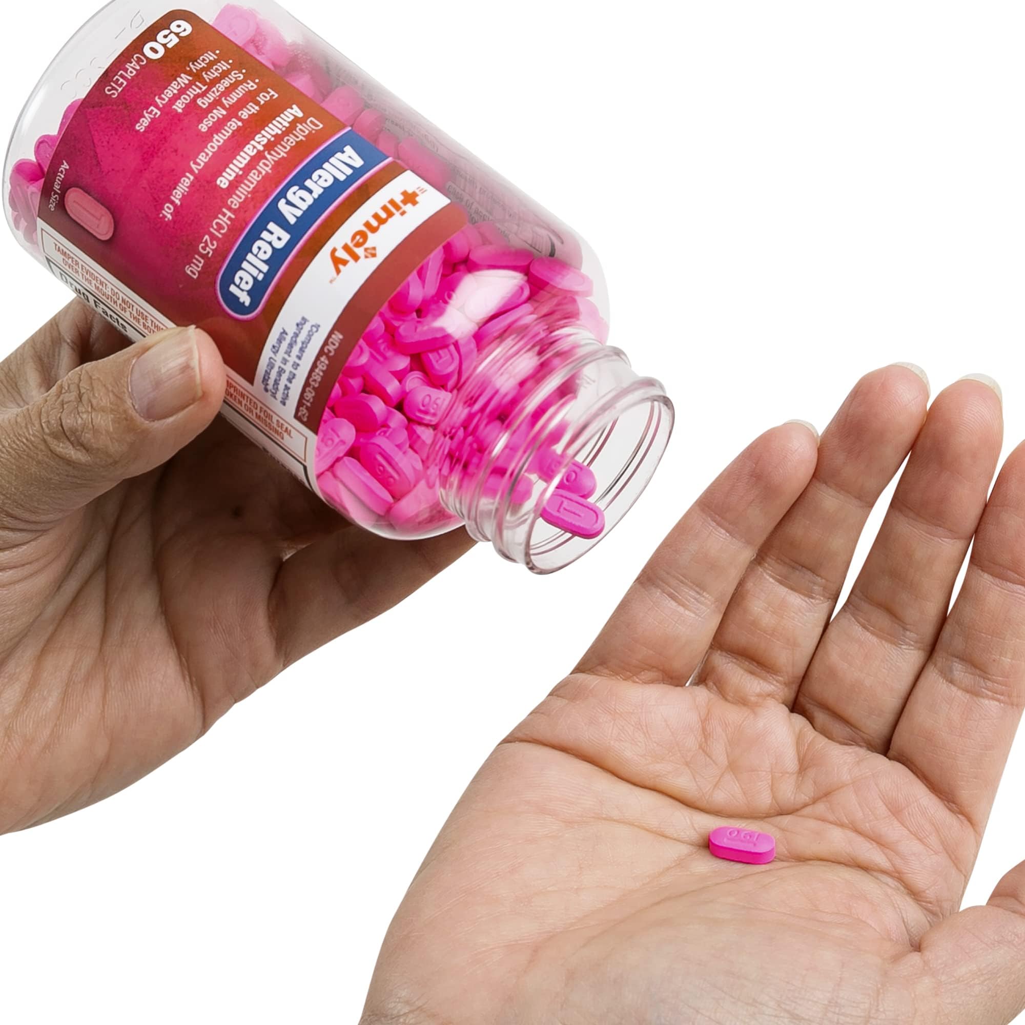 Timely Allergy Relief caplets label detail shows 25 mg dosage for allergy symptoms.