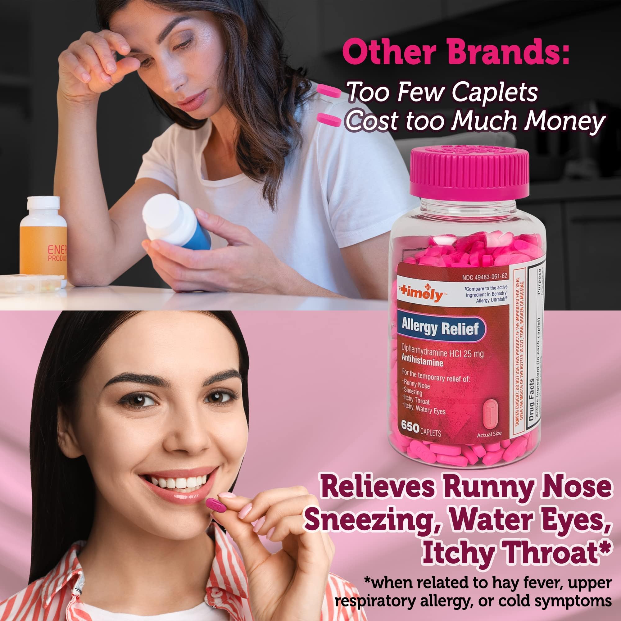 Timely Allergy Relief caplets pour closeup shows easy-to-swallow tablets for quick relief.