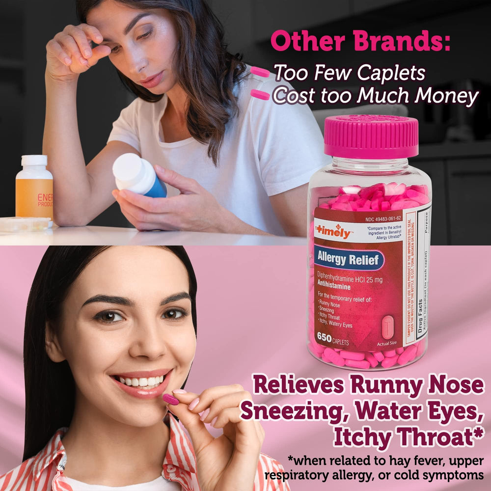 Timely Allergy Relief caplets pour closeup shows easy-to-swallow tablets for quick relief.