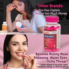 Timely Allergy Relief caplets pour closeup shows easy-to-swallow tablets for quick relief.