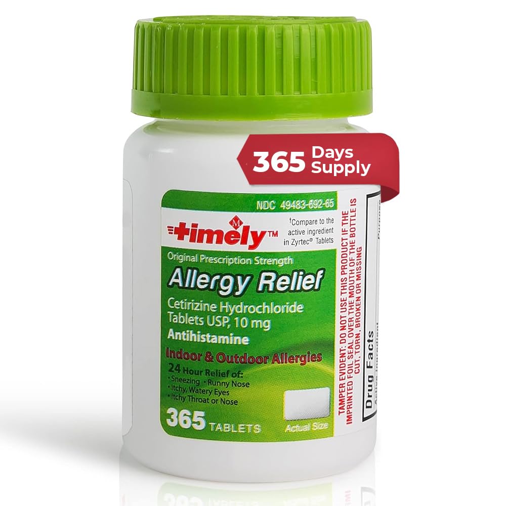 Timely Cetirizine 10 mg tablets in bottle, fast daily allergy relief for sneezing and itchy eyes.