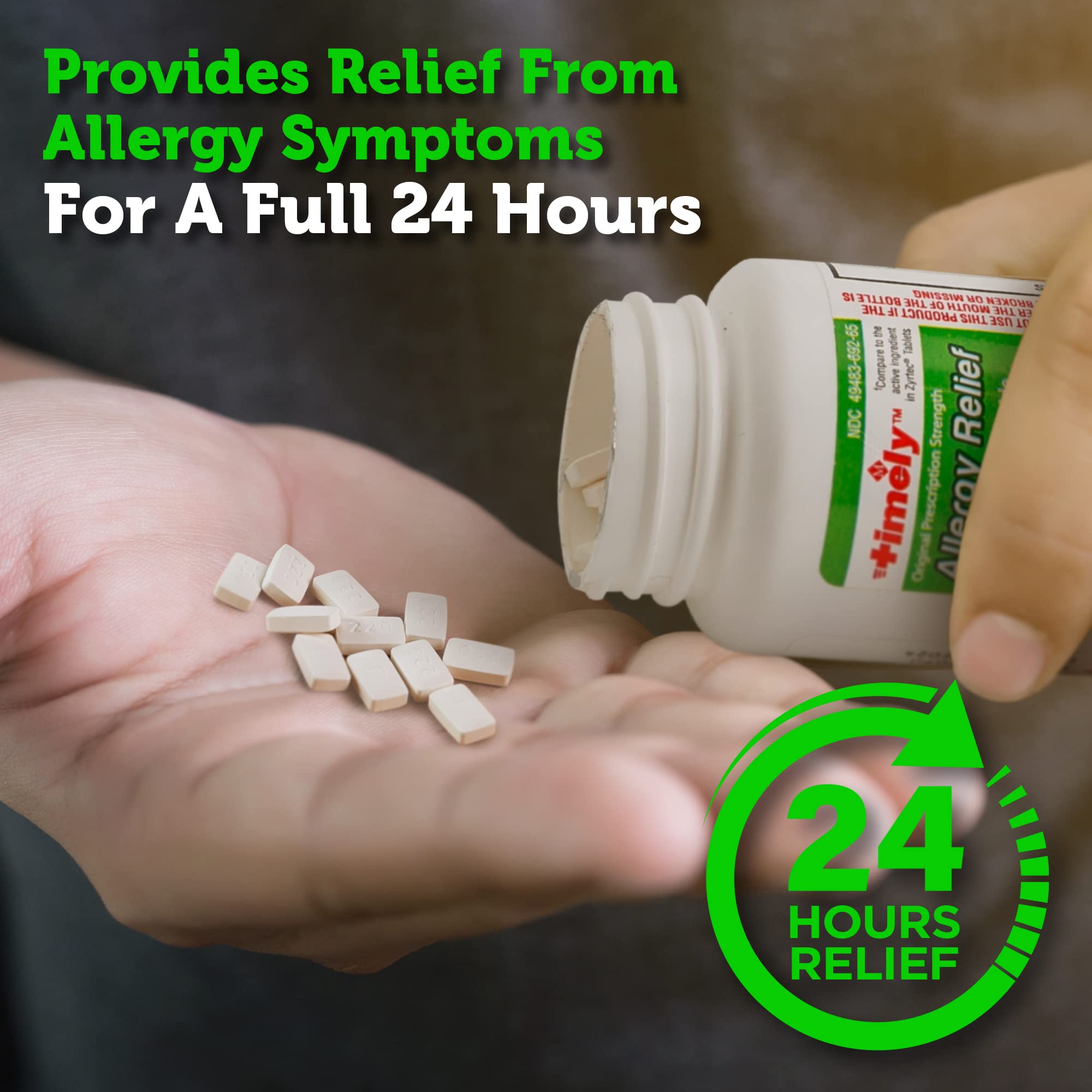 Timely Cetirizine 10 mg tablet showing dosage guidance for simple daily use.