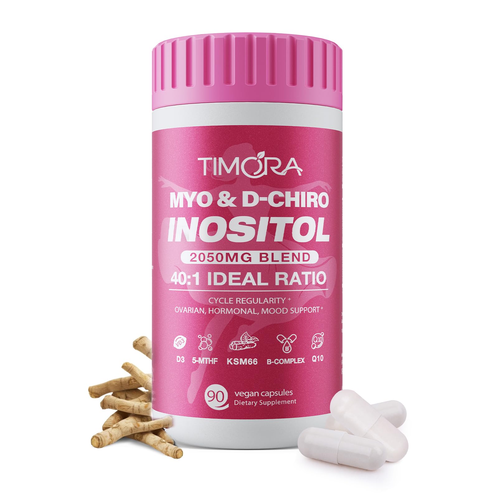 Timora 10-in-1 inositol bottle and capsules