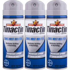 Tinactin jock itch spray powder bottle for easy application and cooling relief.