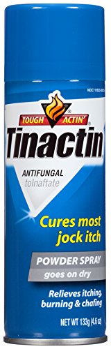 Tinactin jock itch spray powder packaging on display communicates groin-area care.