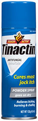 Tinactin jock itch spray powder packaging on display communicates groin-area care.